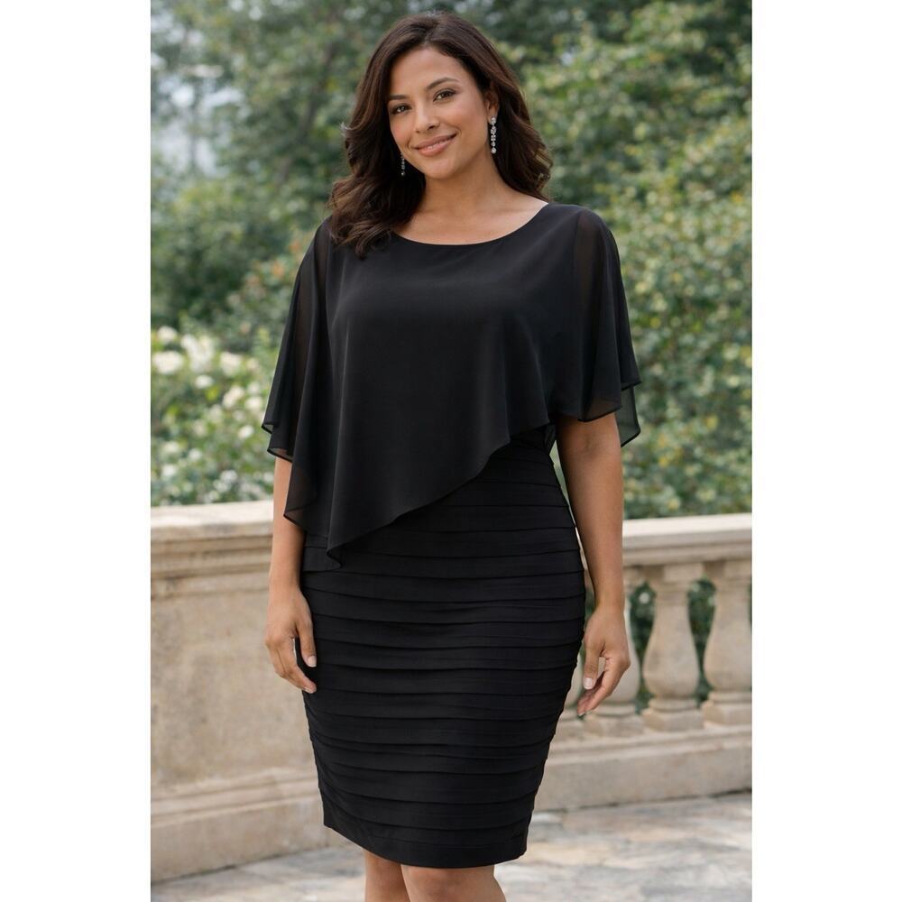 Betsy & Adam Black Cocktail Dress Chiffon Overlay Ruched Bodycon Size 12 NWT